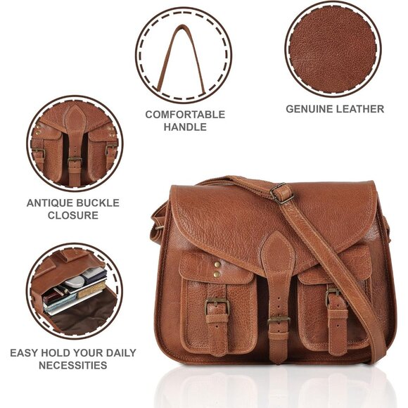 Women Tan Crossbody Satchel Ladies Tote Travel Genuine Leather Shoulder Bag - Picture 8 of 8